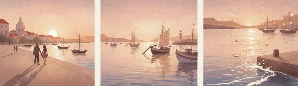 A second illustrated storyboard from the same morning, in warmer light.
