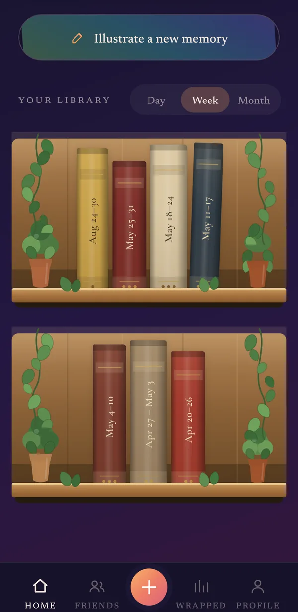 The Everzen library: illustrated books on a wooden shelf, each spine labelled with a week, from Aug 24 to 30 back through May.