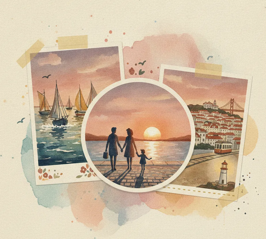 Scrapbook style: overlapping snapshots of a harbour at sunset, pinned and taped.